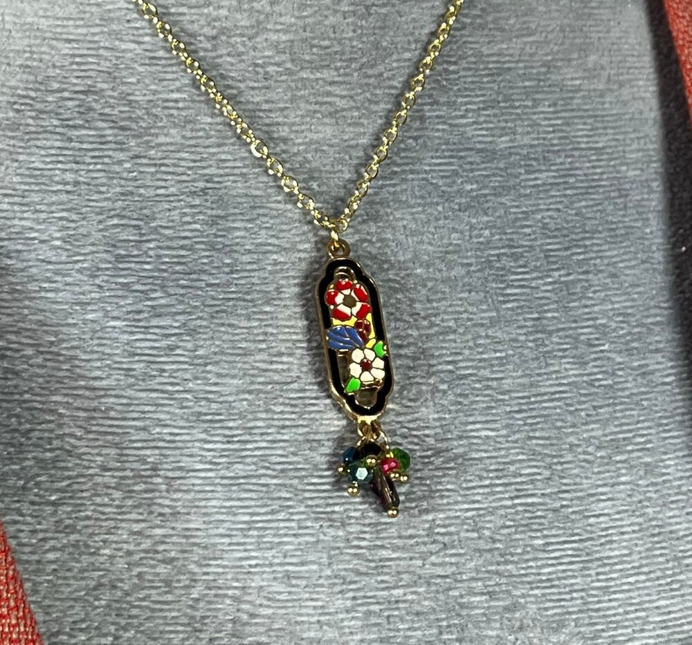 Handmade Goldtone chain necklace with Enamel Painted Floral Pendant & Beads